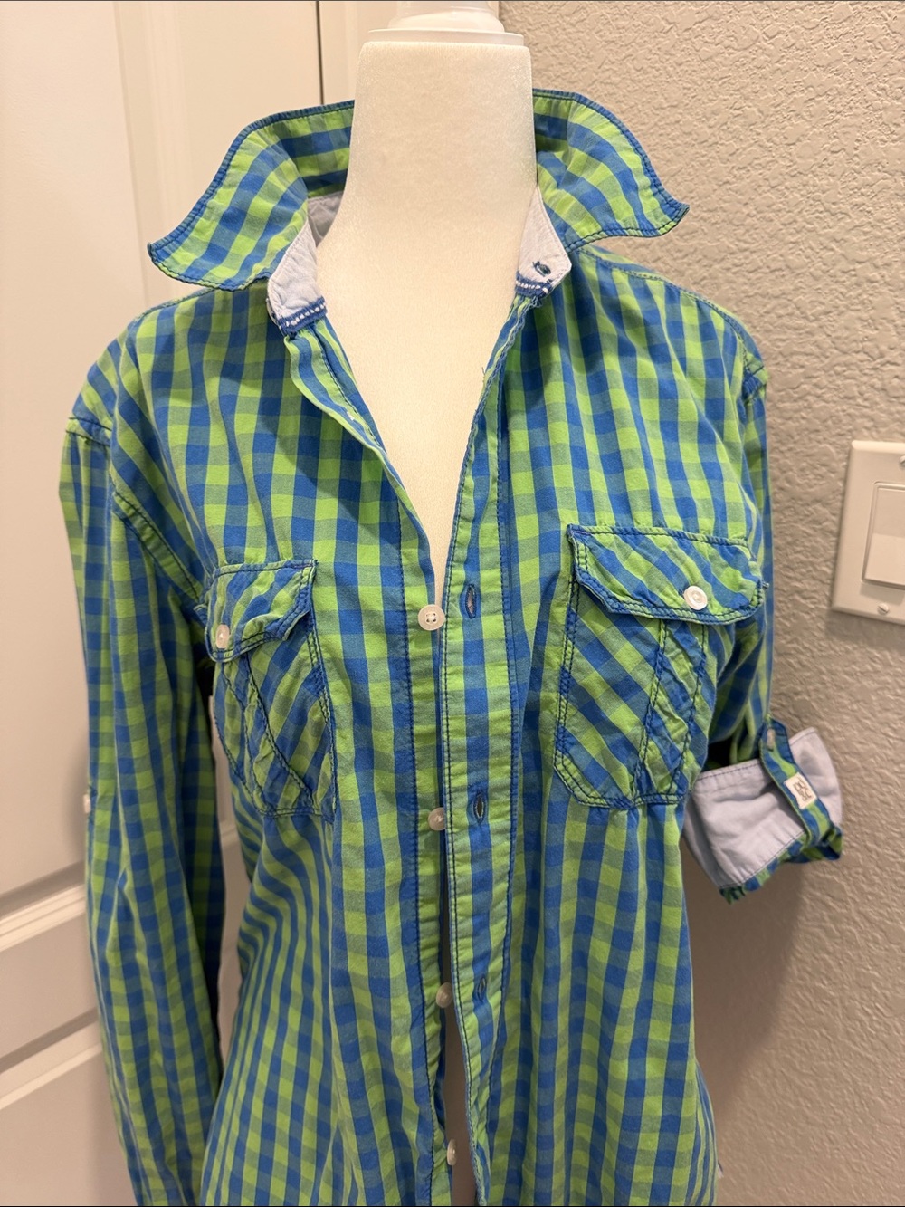 100% cotton PD&C Green and Blue Plaid shirt